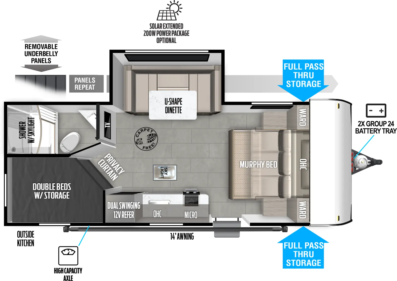 The Salem FSX 178BHSK floorplan has one entry and one slide out. Exterior features include: fiberglass exterior, 12' awning and outside kitchen. Interiors features include: bunk beds, u-dinette, front bedroom, murphy bed and front living.